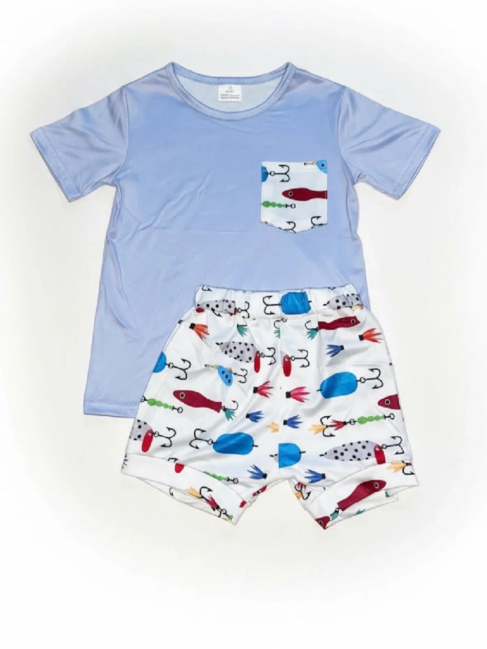 Kids Light Blue Short Sleeve Set with Fishing Print Shorts